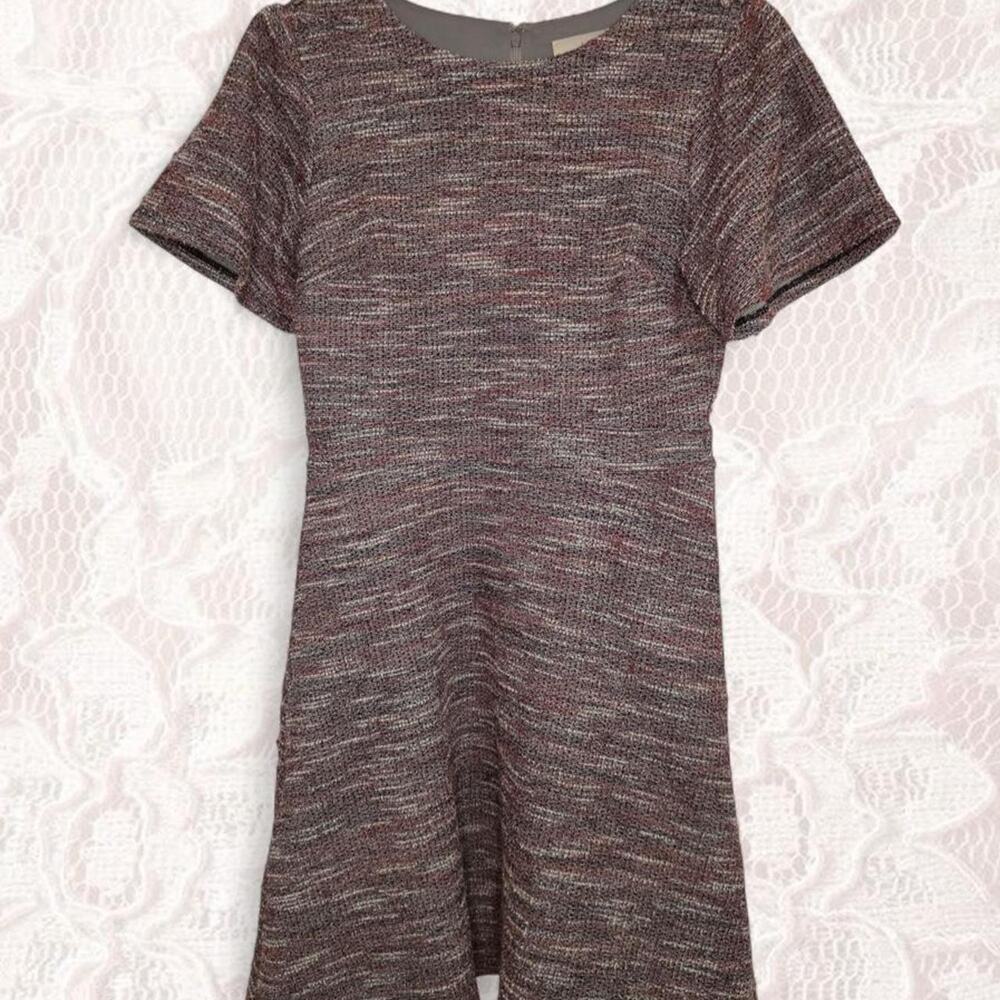 LOFT A-Line Dress Size 4 Red Grey Tweed Short Sleeve Pockets